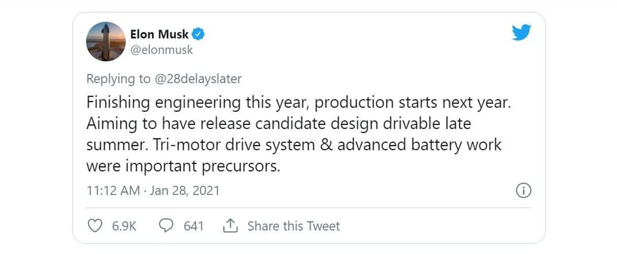 January 2021 Elon Musk tweet regarding engineering progress on the next Tesla Roadster.