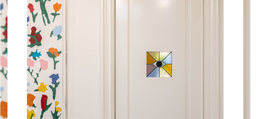 Fun stained-glass eye featured on a door inside Katy Perry's up-for-grabs L.A. mansion.