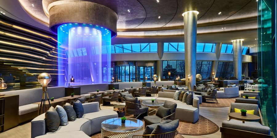 A posh lounge inside the new Shanghai Wonderland Hotel, complete with stunning light displays and underwater views.
