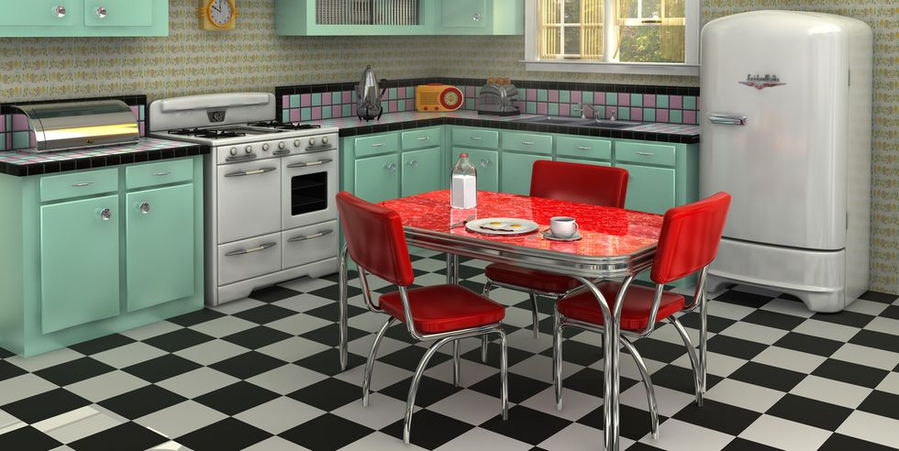 A lovely home kitchen inspired by 50s and 60s decor trends and appliances.