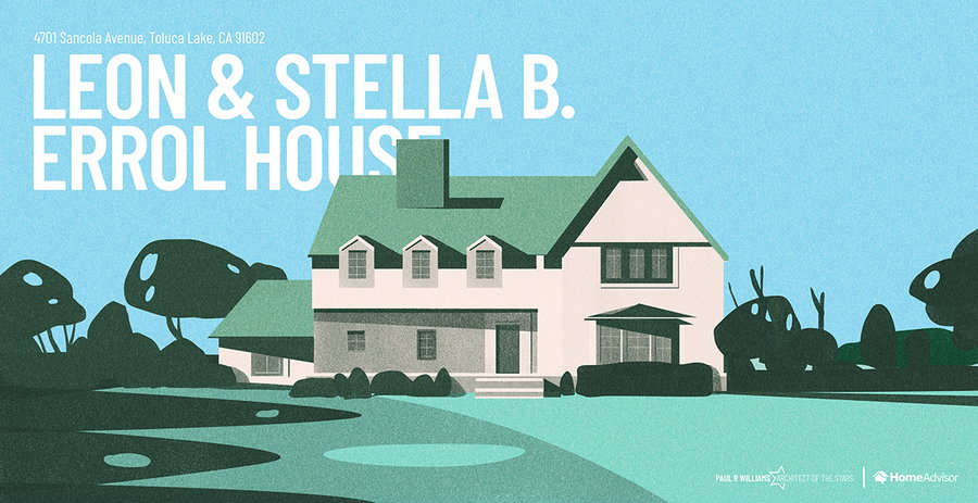Colorful illustration of the Paul R. WIlliams-designed Leon and Stella B. Errol House, as featured in a new tribute from HomeAdvisor. 
