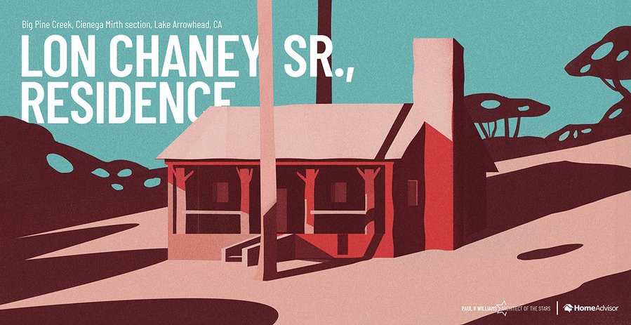 Colorful illustration of the Paul R. WIlliams-designed Lon Chaney Sr., Residence, as featured in a new tribute from HomeAdvisor. 