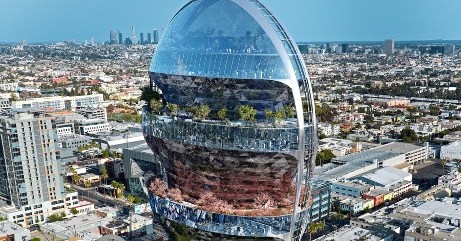 Close-up view of MAD Architects' in-progress Star building in Hollywood, Los Angeles. 