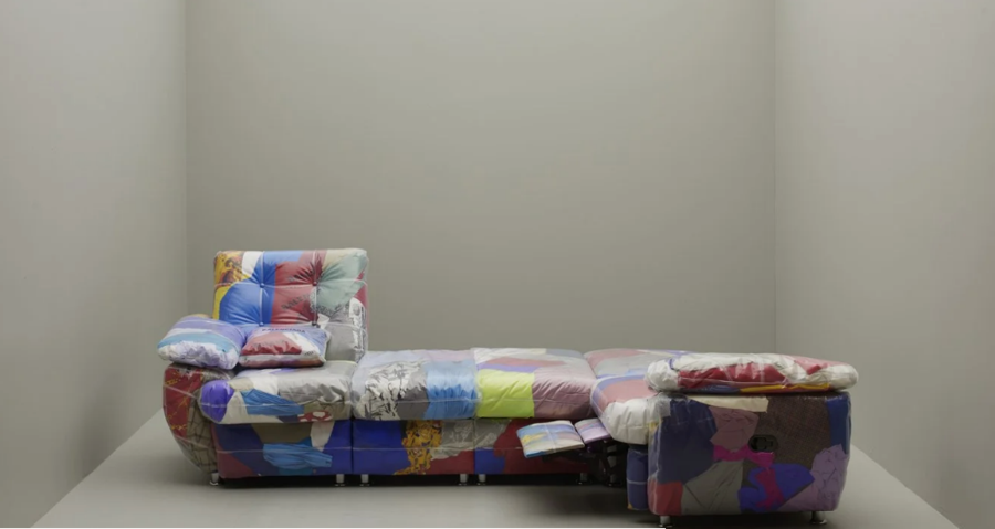 A colorful couch made from scrapped Balenciaga garments, designed by Harry Nuriev.
