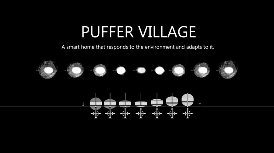 Graphic shows how the Puffer Village homes grow and shrink in response to the surrounding climate.