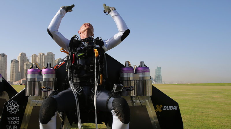 Vince Reffet used his jetpack to take off from the ground at Skydive Dubai.