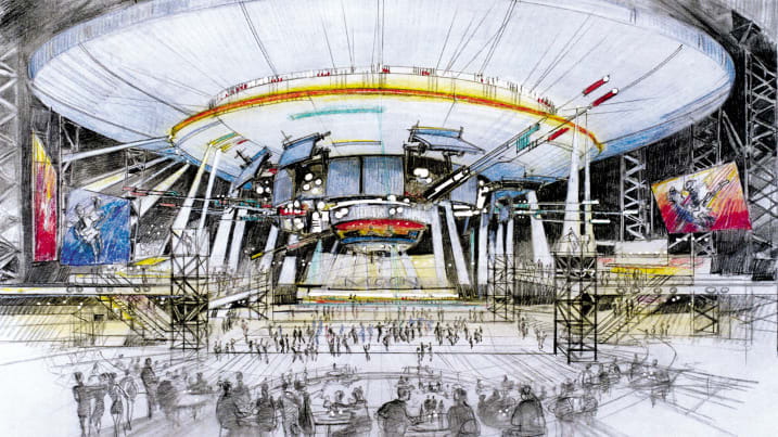 Early sketches envision bands playing to large crowds at a UFO-like amphitheater built directly into Moon World Resorts.