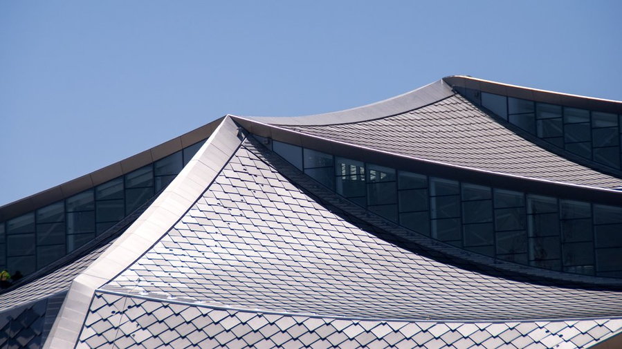Sharp, elegant roofline of Google's new Dragonscale solar roofs in the Bay Area.