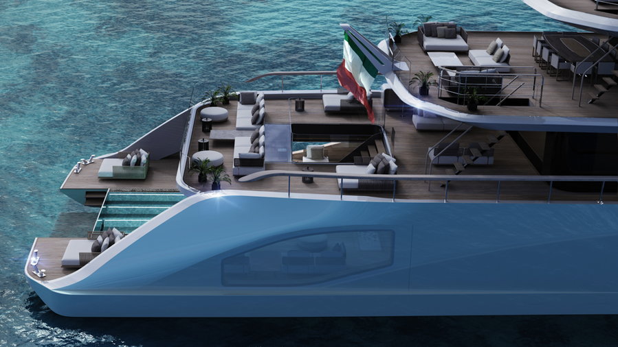 View onto the sunny decks of Tankoa's upcoming Apache superyacht.