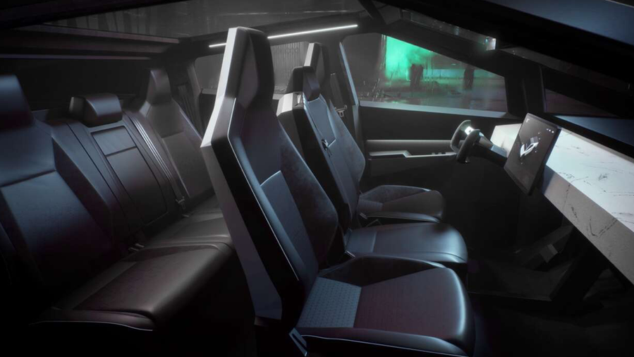 The sleek black interior of the Tesla Cybertruck 