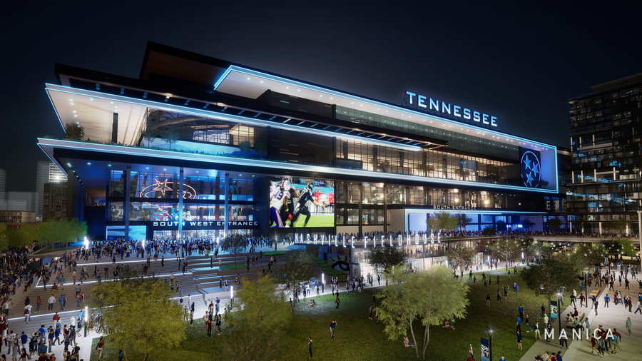 Nighttime view of the Manica Architecture-designed Tennessee Titans stadium.