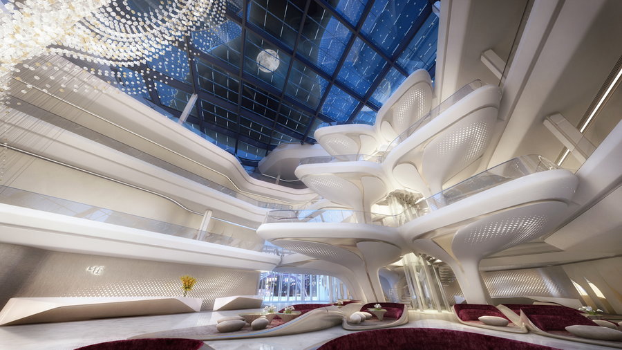 Theu ltra-futuristic interiors of Zaha Hadid's upcoming Opus Hotel. 