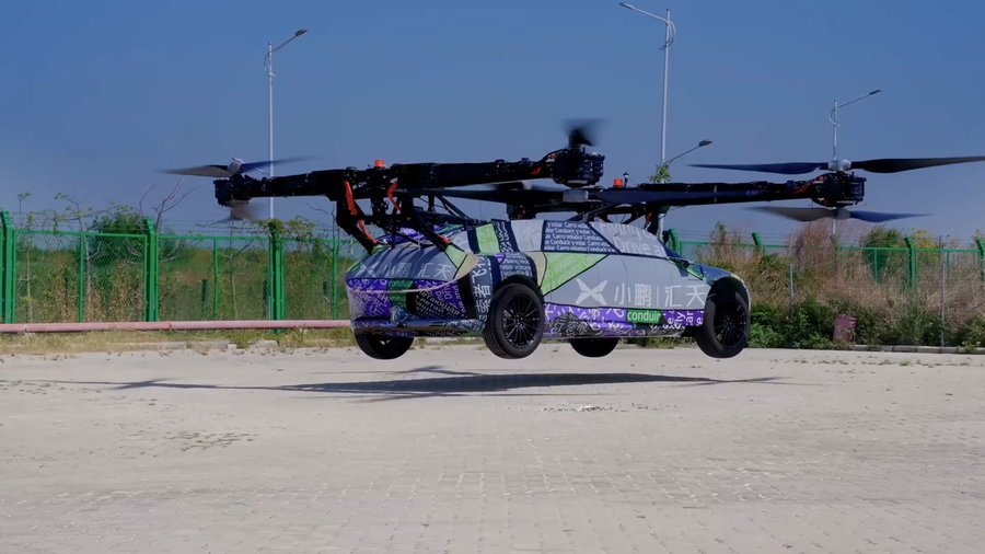XPeng's AeroHT X3 flying car prototype lifts off from the ground.