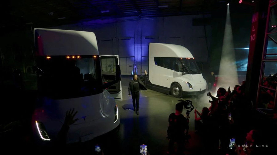 Tesla CEO Elon Musk presents the Semi at a Gigafactory event in Sparks, NV.