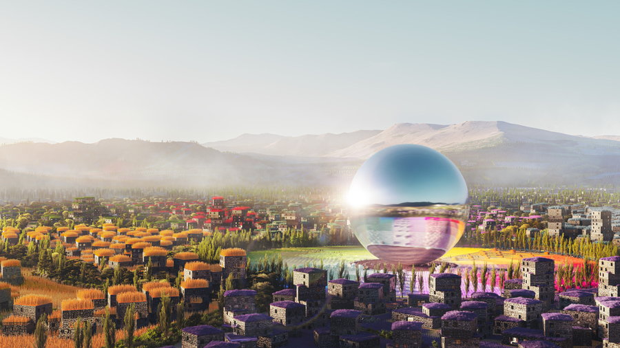 Shimmering spherical agricultural center at the heart of MVRDV's Gagarin Valley vision. 