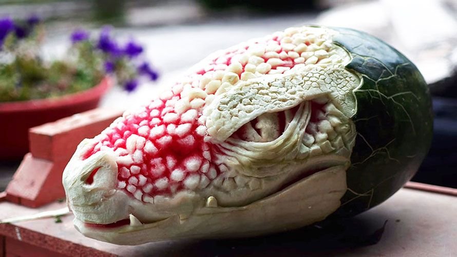 Hand-carved Dragon watermelon sculpture from Italian artist Valeriano Fatica.