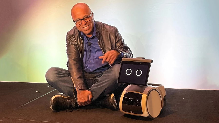 Amazon Devices and Services Vice President Ken Washington with the Amazon Astro robo-dog.