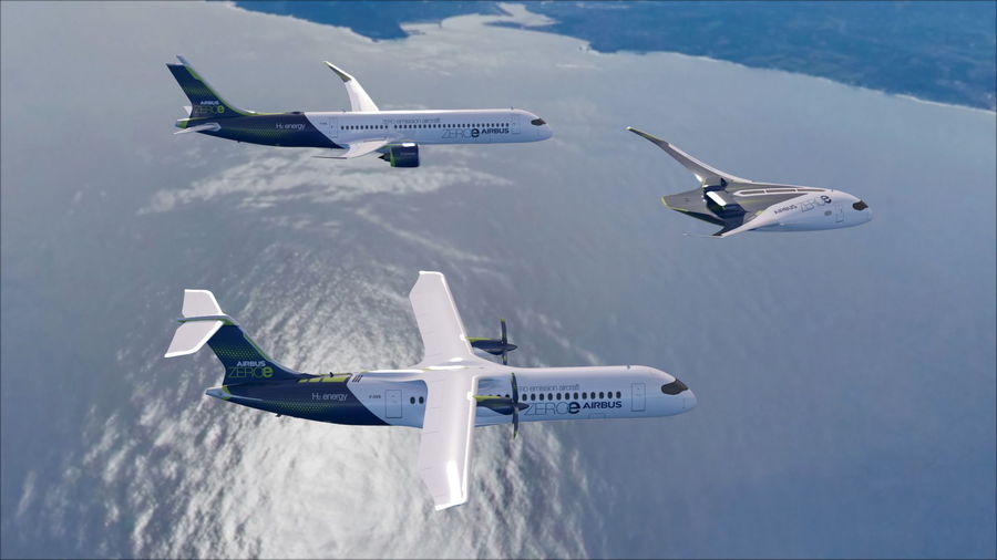 Rendering shows all three Airbus ZEROe Concept Planes in flight alongside each other.