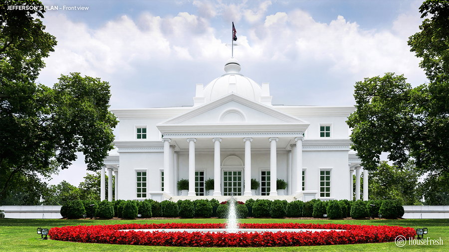 Front view of the Thomas Jefferson-designed White House.