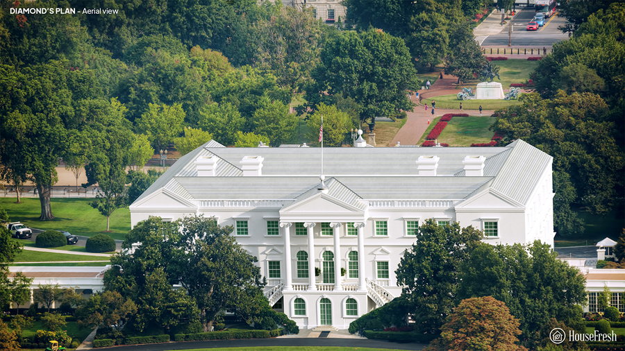 Aerial view of the James Diamond-designed White House.