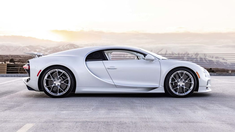 Side view of Post Malone's all-white 2019 Bugatti Chiron, recently listed for sale by Utah's Die Trying Auto.