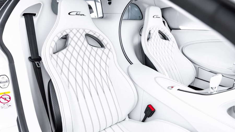 Custom all-white seats inside Post Malone's 2019 Bugatti Chiron. 