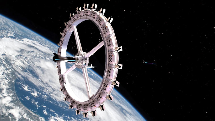 Orbital Assembly's upcoming Voyager station luxury space hotel in orbit above the Earth.
