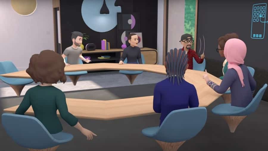 Group of virtual avatars hold a meeting in the metaverse inside a contemporary meeting room.