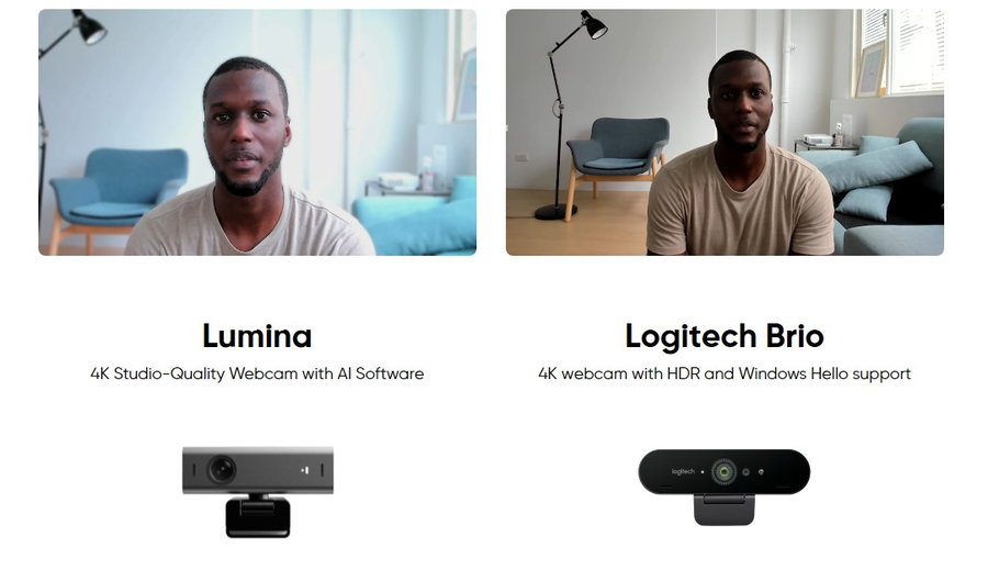 Side-by-side comparison between the Lumina's image quality and that of a competing Logitech webcam. 