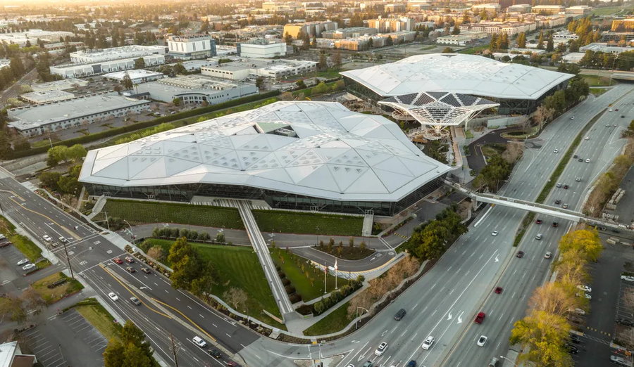 Aerial view of Gensler's futuristic Nvidia headquarters campus in Santa Clara, California. 