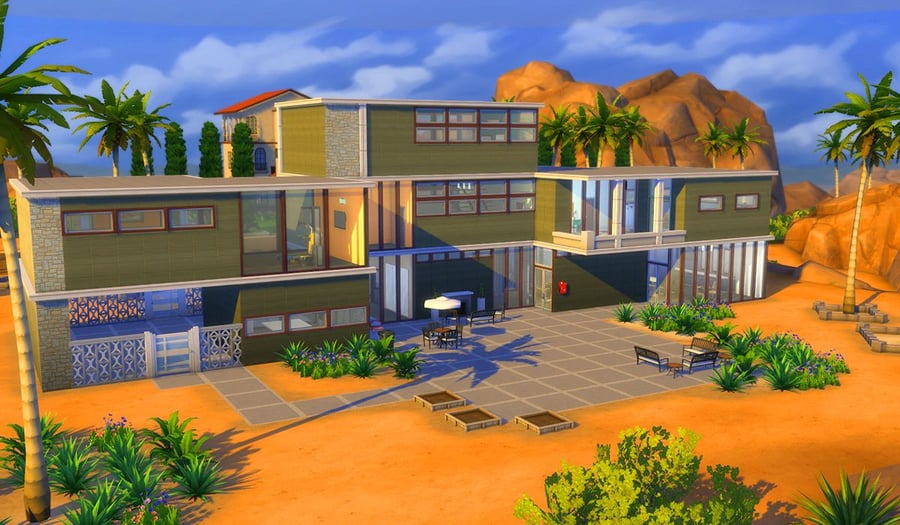 The Sims' Langraab Family Home fits swimmingly into its desert setting thanks to lots of palm trees and big windows.