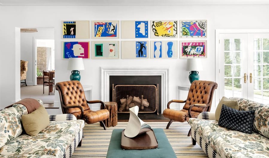 In this living room vignette, designer James Huniford used the coffee table as a kind of pedestal for a large sculptural object.