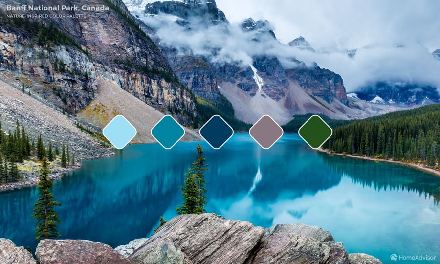 This Banff National Park-inspired color palette plays off the serene greens, calming blues, and stoic grays of an archetypal forest setting. 