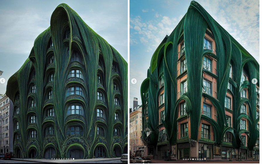 Green, nature-inspired architecture conceived by Hassan Ragab in collaboration with the Midjourney AI art generator. 