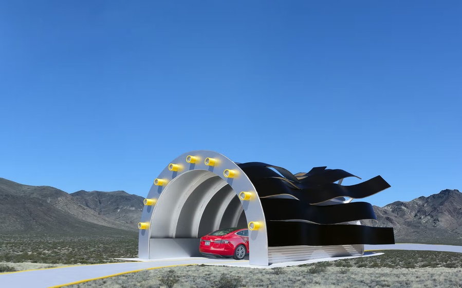 EV drives through Michael Jantzen's off-grid Black Waves Solar Charging Station.