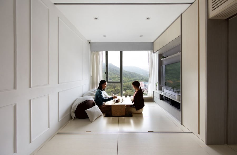 A smart coffee/tea table comes out of the Smart Zendo apartment's floor to allow for soothing contemplation overlooking the gorgeous natural surroundings.  