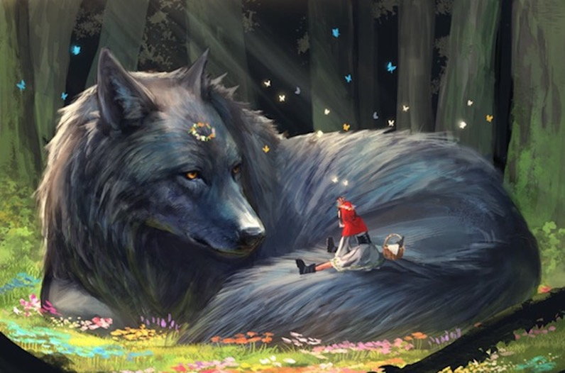 A digital painting by Monokubo depicting a person sitting on a giant mythical wolf. 