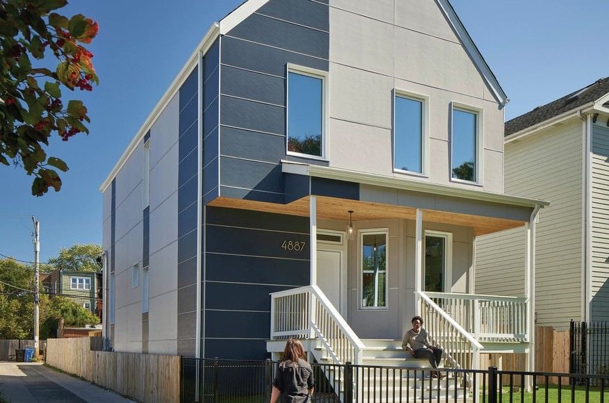 Exterior view of the HPZS-renovated Yannell PHUIS+ House in Chicago (the city's first renovated passive house).