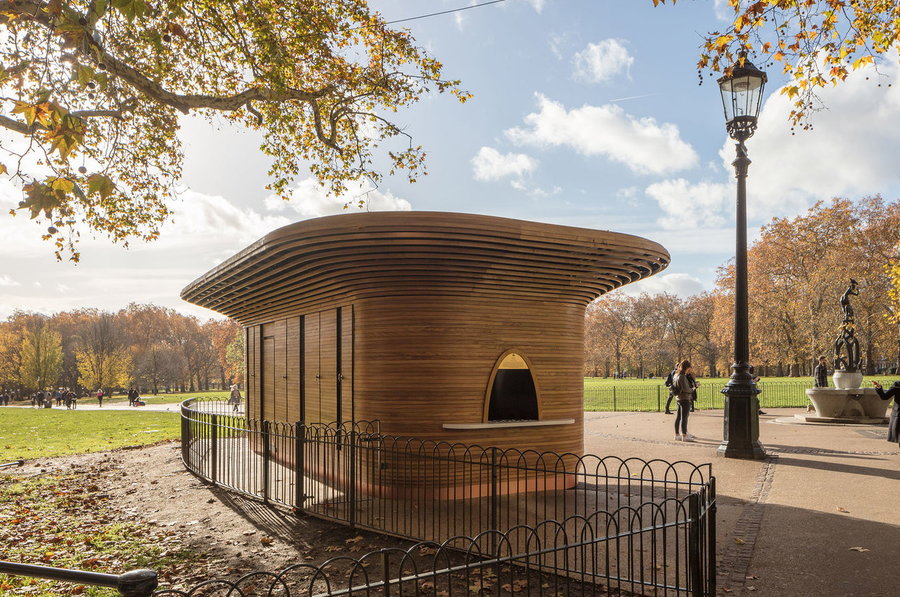 Rear view of Mizzi Studio refreshment kiosk in London's Royal Parks 
