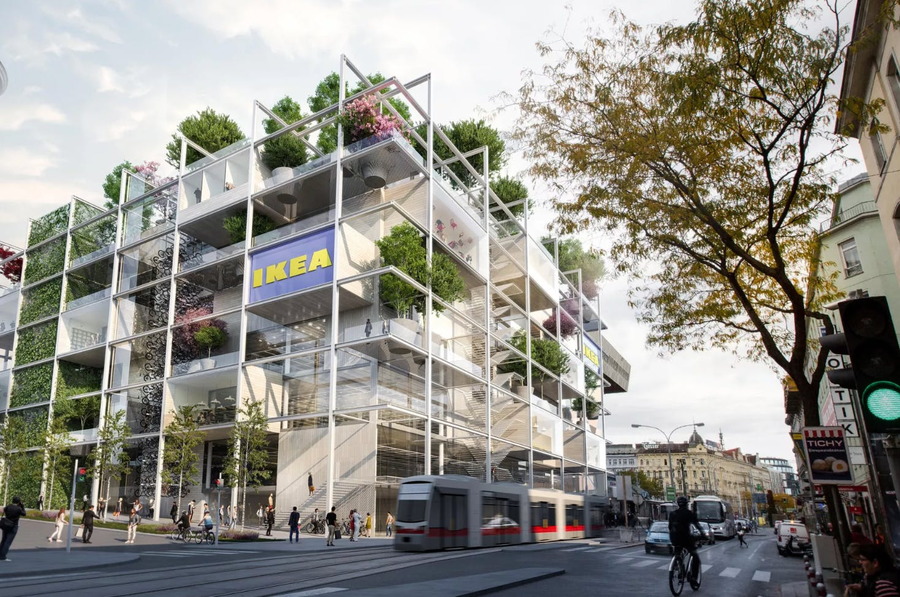 The ultra-green facade of IKEA's new urban location in Vienna, Austria.