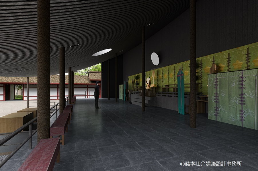 Renderings show a businessman standing inside the interiors of the temporary shrine. 