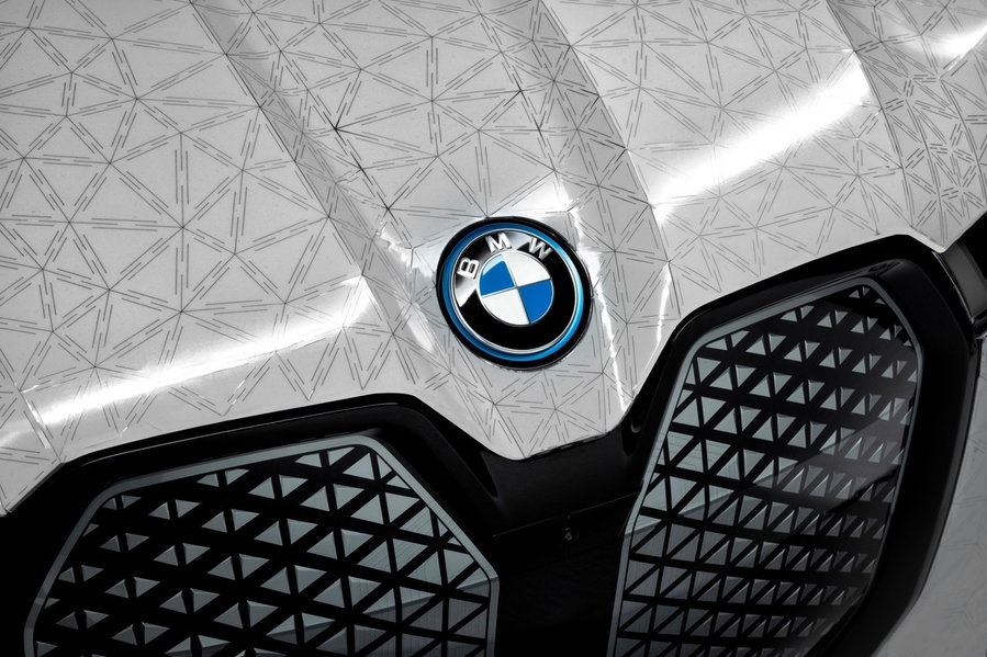 Close-up view on the electrical paper outside BMW's iX electric SUV that allows it to change color. 