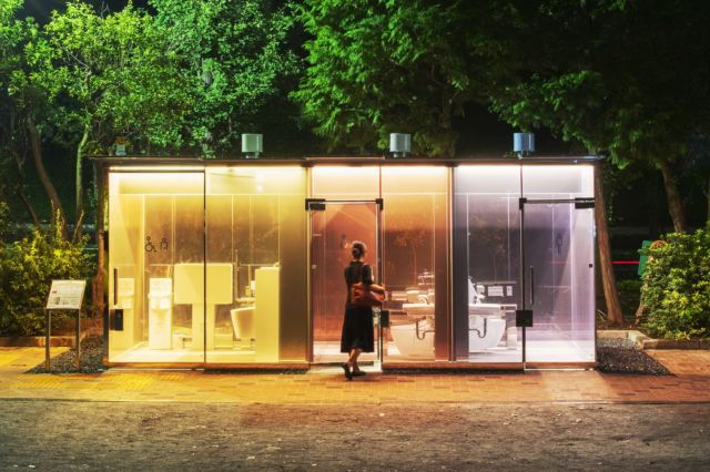 Public transparent restrooms by Shigeru Ban Architects, designed as part of Japan's Tokyo Toilet Project. 