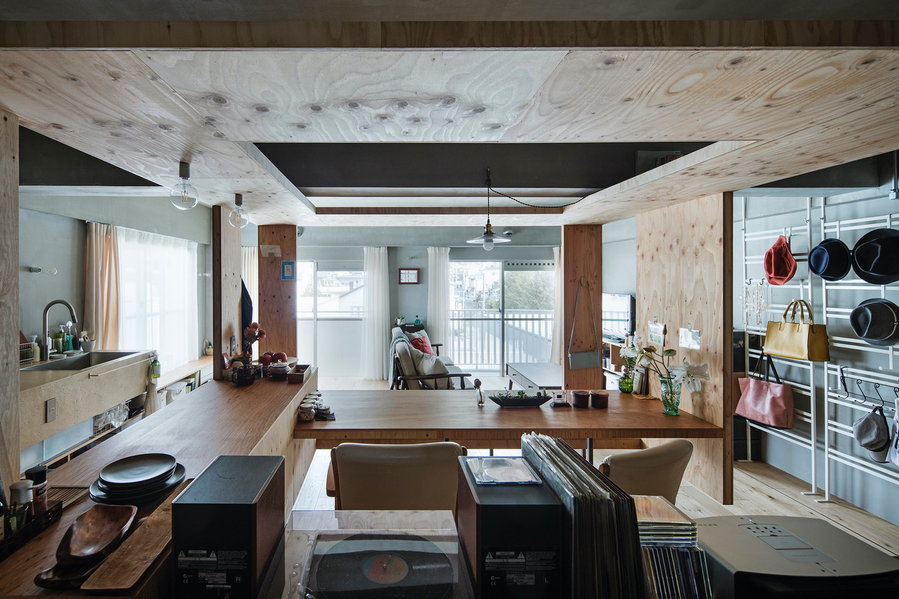 View inside the uniquely open concept Kyoto condo renovated by Japanese design studio YAP. 