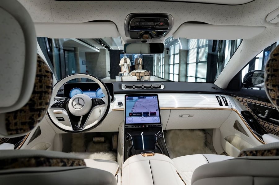 View at the sleek rose gold dash inside the luxurious Mercedes-Benz Maybach Haute Voiture concept car.