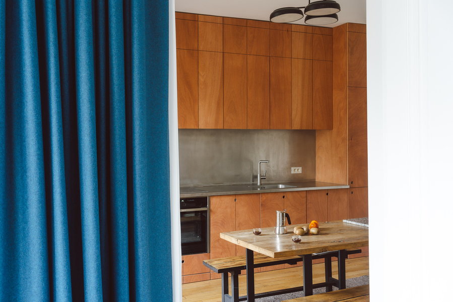 Small contemporary kitchen space in the Jean Benoit Vétillard-renovated Gambetta apartment building in Paris.