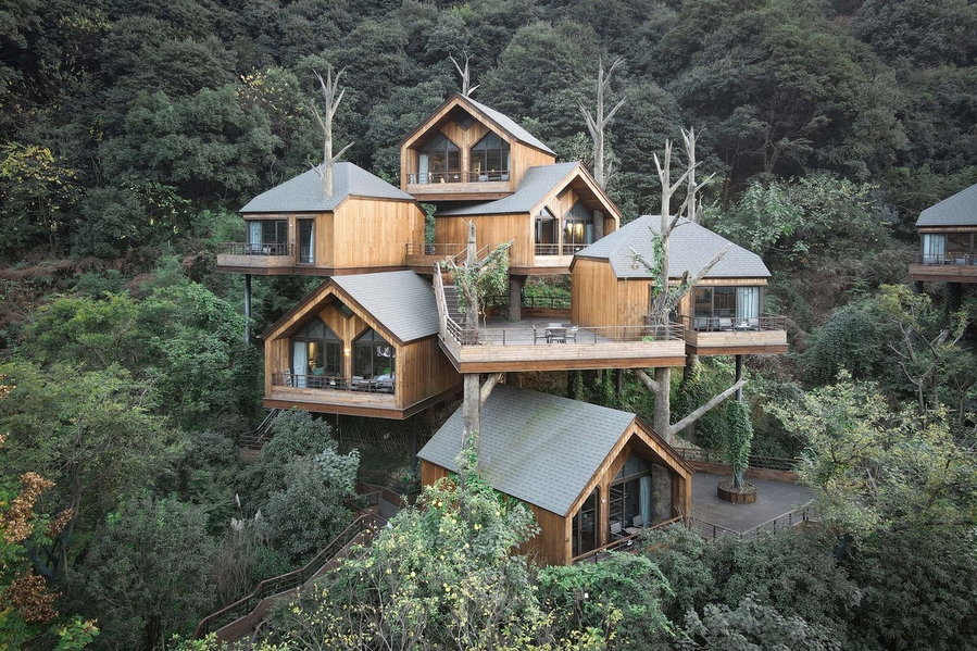 Stacked Treehouse Cabins at China's Xiaoshan Xianghu Resort, designed by WH Studio.