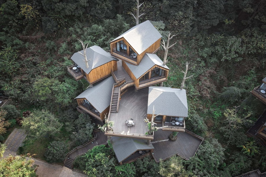 Aerial view of a WH Studio-designed Stacked Treehouse Cabin at China's Xiaoshan Xianghu Resort.