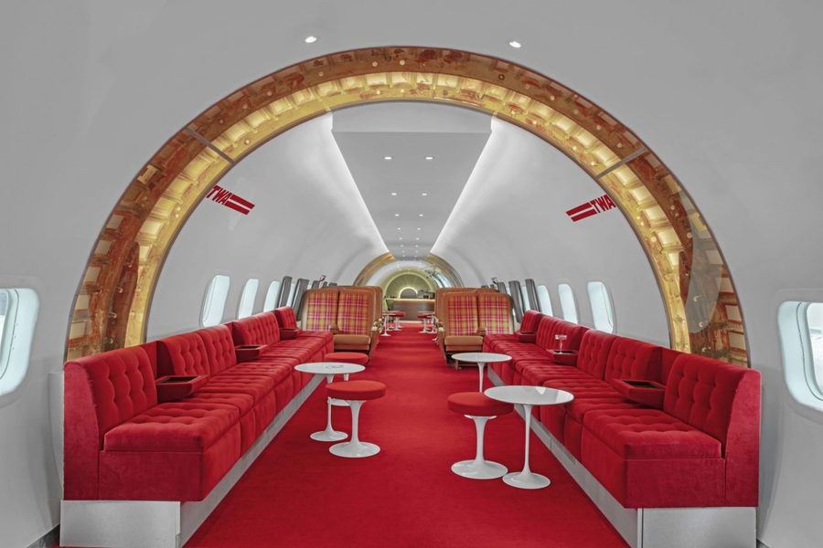 An air travel-inspired lounge area inside the Stonehill Taylor-designed TWA Hotel. 