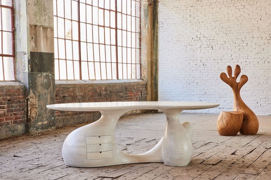 Sculptural stool and desk featured in Aaron Poritz' 